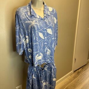 Blue Tropical Shell Print Button-Up Top and Skirt Set